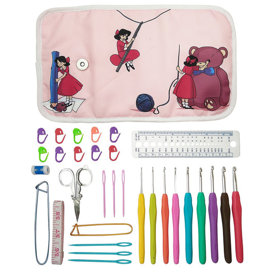 Essential Crochet Set - 9 Ergonomic comfort grip crochet hooks, accessories and roll-up organizer bag case with cute design - MozArt Supplies